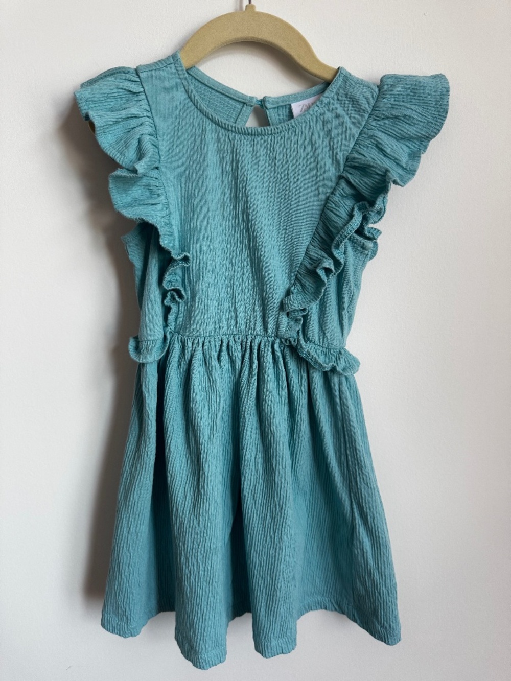Zara Girls Aqua Ruffle Muslin Dress | Size 7 | Open Back Cotton Dress